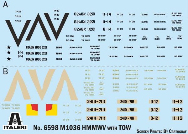 Italeri HMMWV M1036 TOW Carrier 1:35 Scale Model Kit Decal Sheet