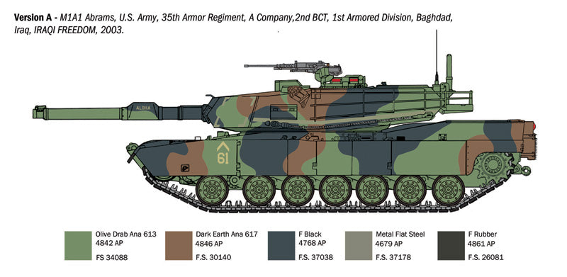 Side profile paint guide for M1A1 Abrams Version A in U.S. Army Iraqui Freedom 2003.