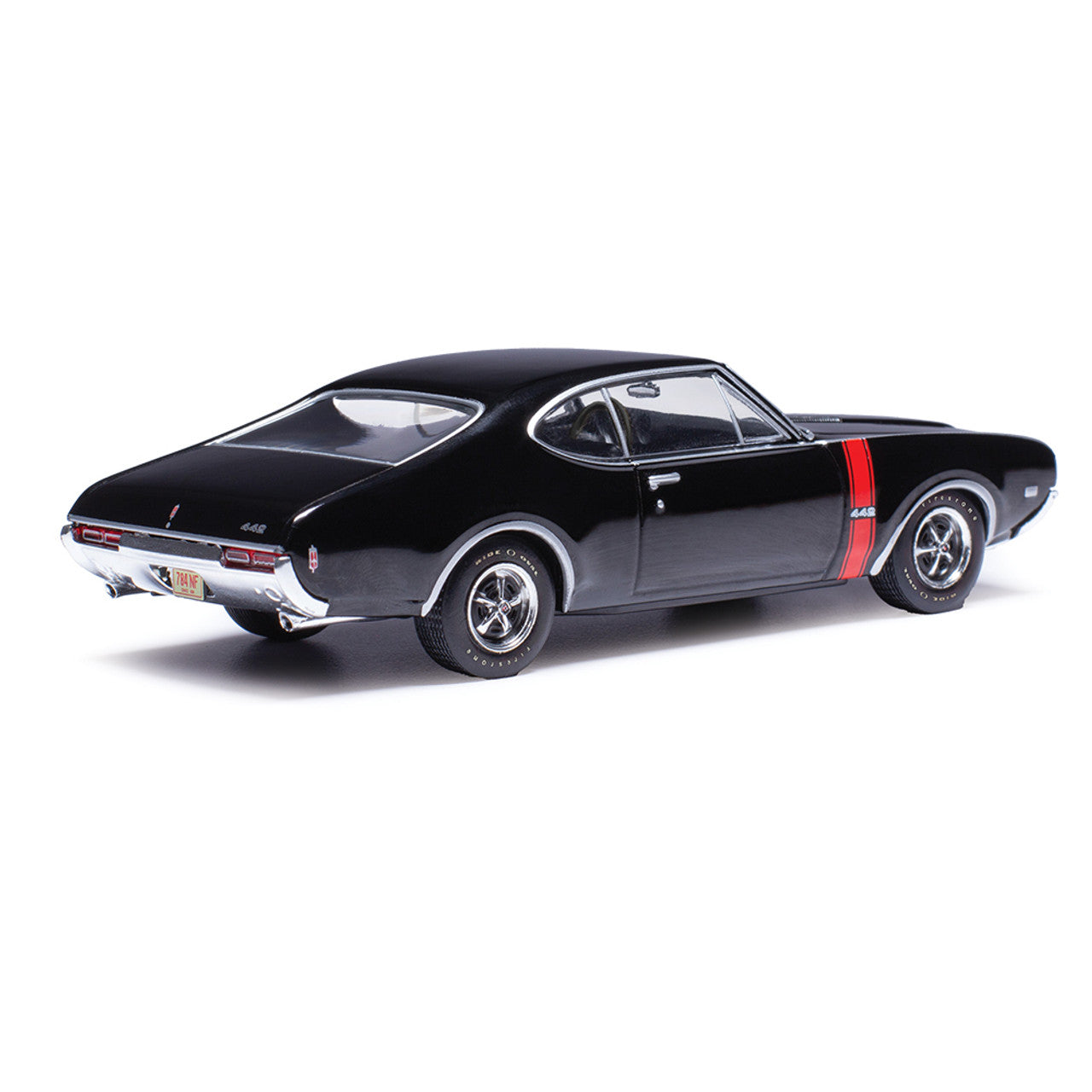IXO Models 1:43 1968 Oldsmobile 442 W-30 - Ebony Black w/ Red Stripes Diecast Model Right Rear View