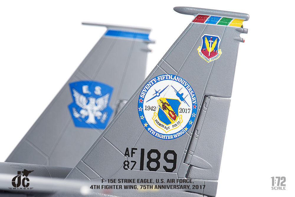 McDonnell Douglas F-15E Strike Eagle 4th Fighter Wing 2017, 1:72 Scale Diecast Model Tail Close Up