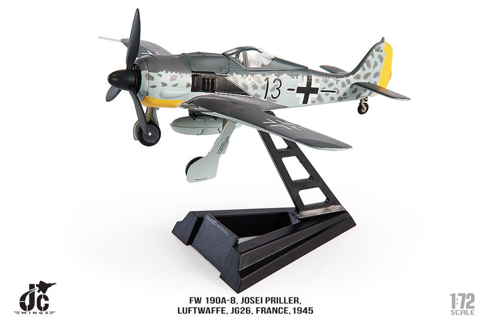 Focke-Wulf Fw 190A-8 JG26 “Black 13”, France 1945 1:72 Scale Diecast Model Left Front View On Stand