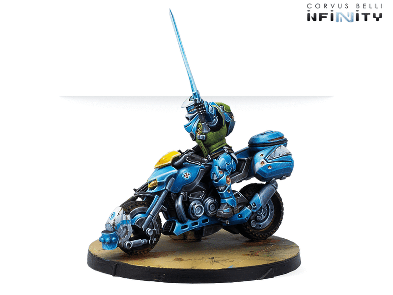 Infinity PanOceania Knight of Montesa (Red Fury) Miniature Game Figures  Motorbike Side View