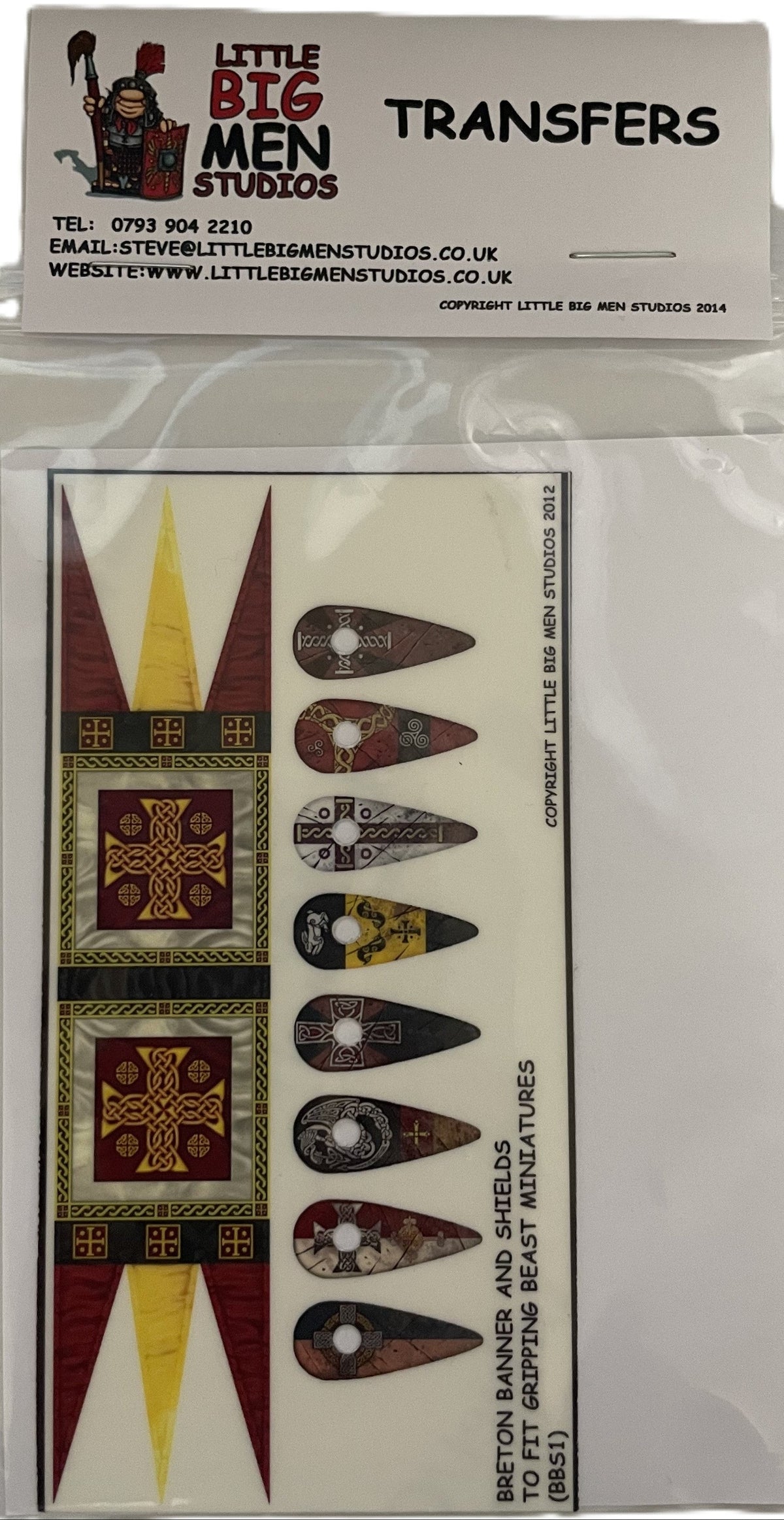 Packaged Little Big Men Studios 28mm Breton banner and shields transfer sheet BBS1 in retail sleeve