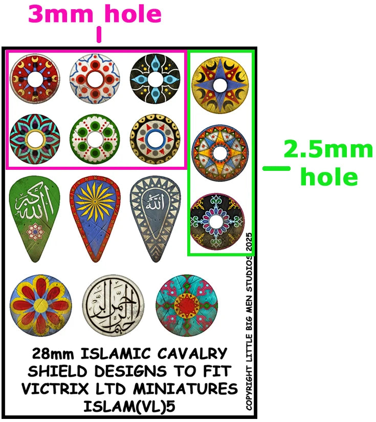 Technical hole sizing diagram showing 3mm and 2.5mm pre-punched boss cutouts on LBMS Islamic transfers 