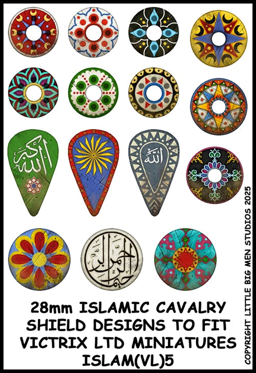 Little Big Men Studios 28mm Islamic Cavalry shield transfers sheet showing fifteen designs for Victrix miniatures 