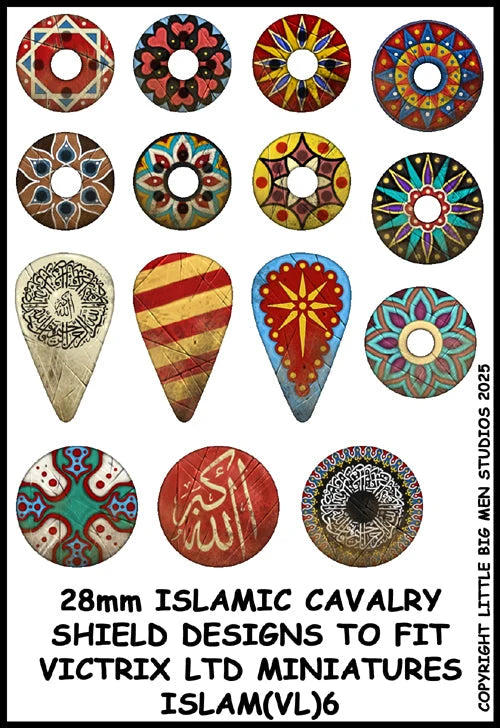 Little Big Men Studios 28mm Islamic Cavalry shield transfers sheet showing fifteen designs for Victrix miniatures 