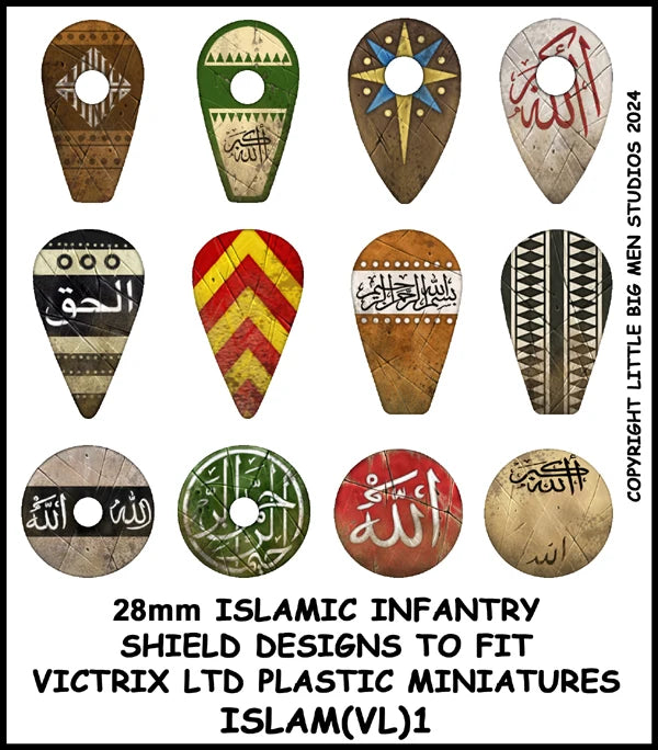 Little Big Men Studios 28mm Islamic infantry shield transfers sheet for Victrix miniatures showing 12 designs 
