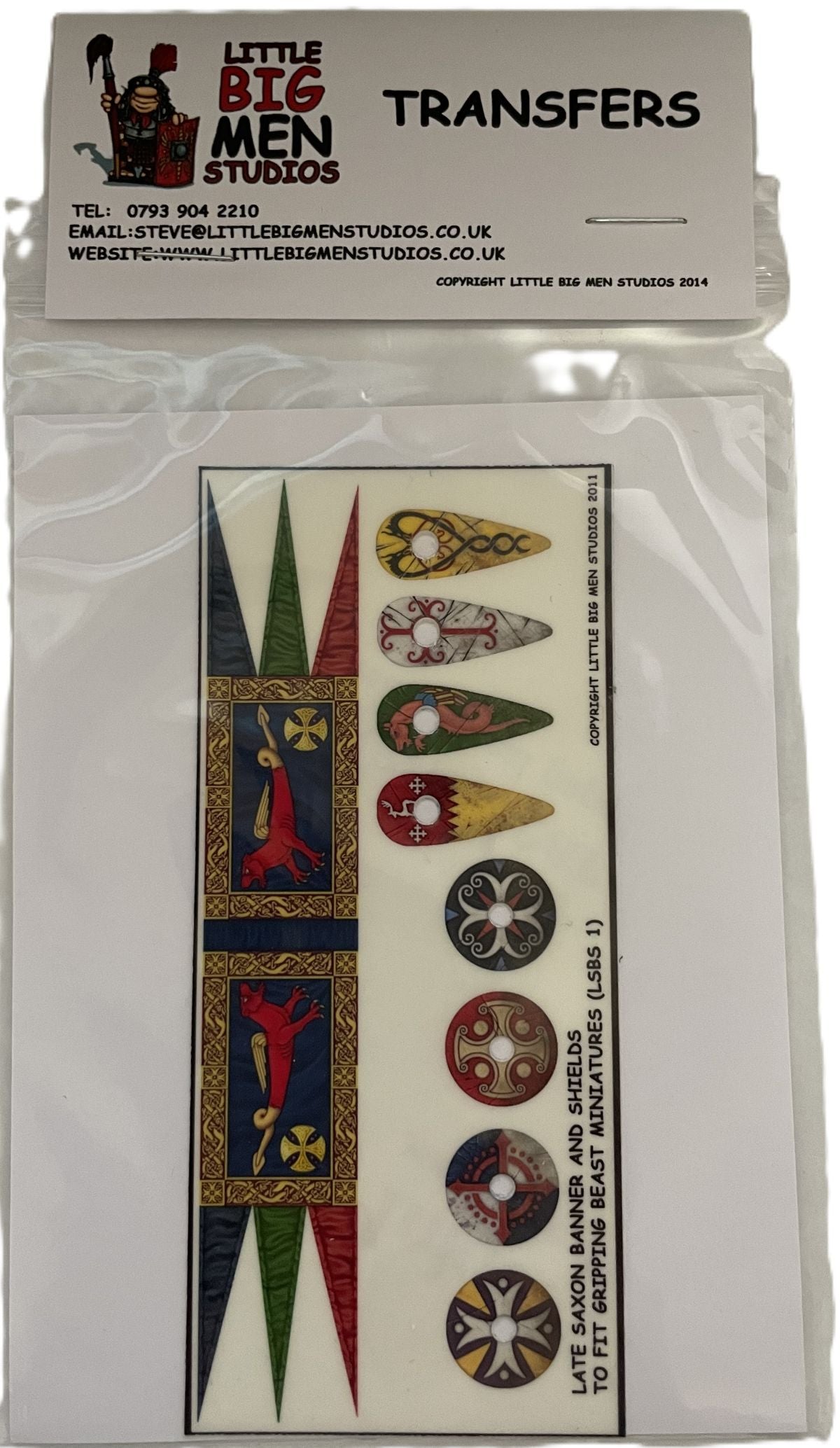 Packaged Little Big Men Studios 28mm Late Saxon banner and shields transfer sheet LSBS 1 in retail sleeve