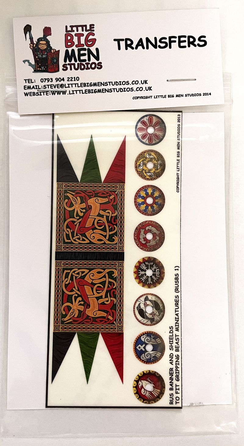 Little Big Men Studios Pagan Rus banner and shield transfer sheet for Gripping Beast 28mm miniatures packagiong