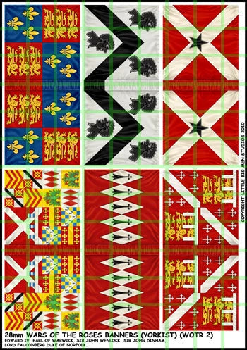 High detail layout of six Little Big Men Studios 28mm Yorkist command banners for Towton