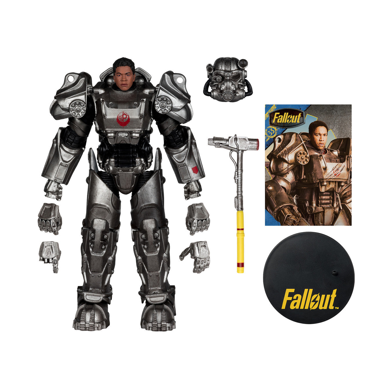Technical view of Maximus Fallout figure accessories including alternate head, T-60 helmet, Super Sledge, and swappable hands
