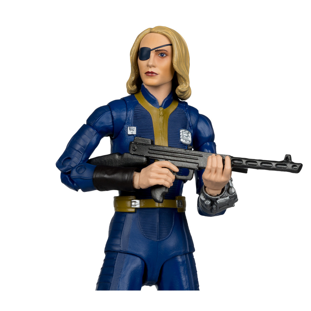 McFarlane Toys Steph Harper Fallout Season 2 action figure in Vault 33 jumpsuit with eyepatch closup