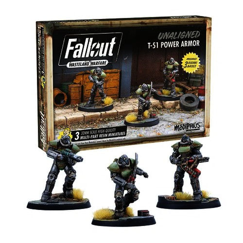 Official Modiphius retail box art for the Unaligned T-51 Power Armour set