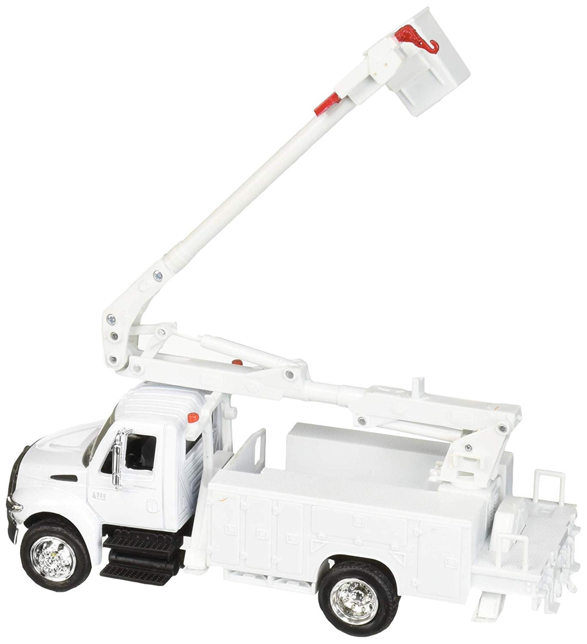 Rear driver three-quarter view showing the working boom arm and utility bed toolboxes on the New-Ray International 4200 truck. 