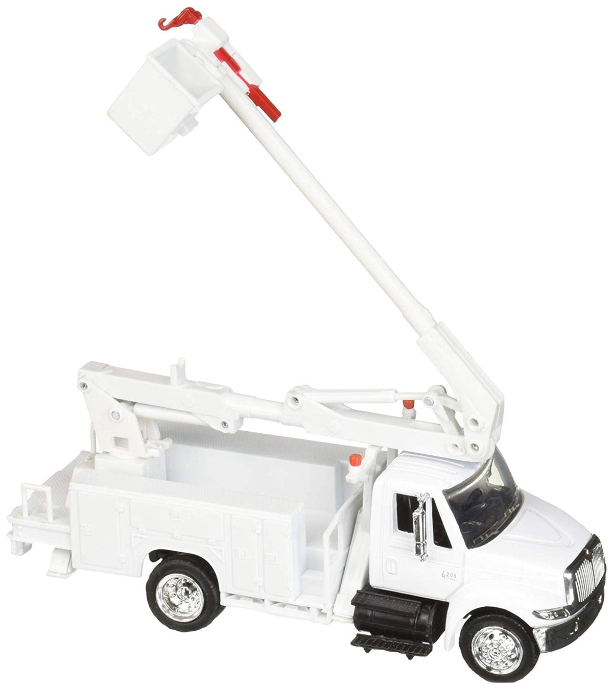 Side view of the white 1/43 scale New-Ray International 4200 line maintenance truck with folded cherry picker boom. 