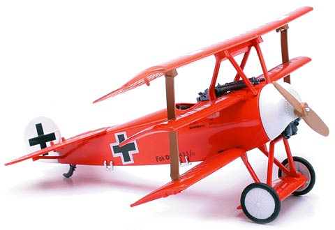 Side view of assembled Red Baron triplane with pre-painted red finish