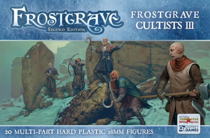 Official box art for Frostgrave Cultists III 28mm plastic miniatures featuring dark cultist imagery.