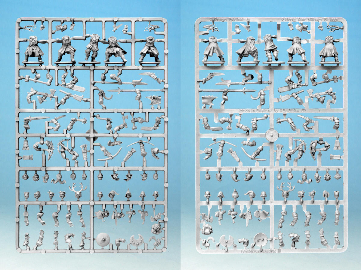 Detailed view of the Frostgrave Cultist plastic sprue showing modular heads, weapons, and skeleton parts.