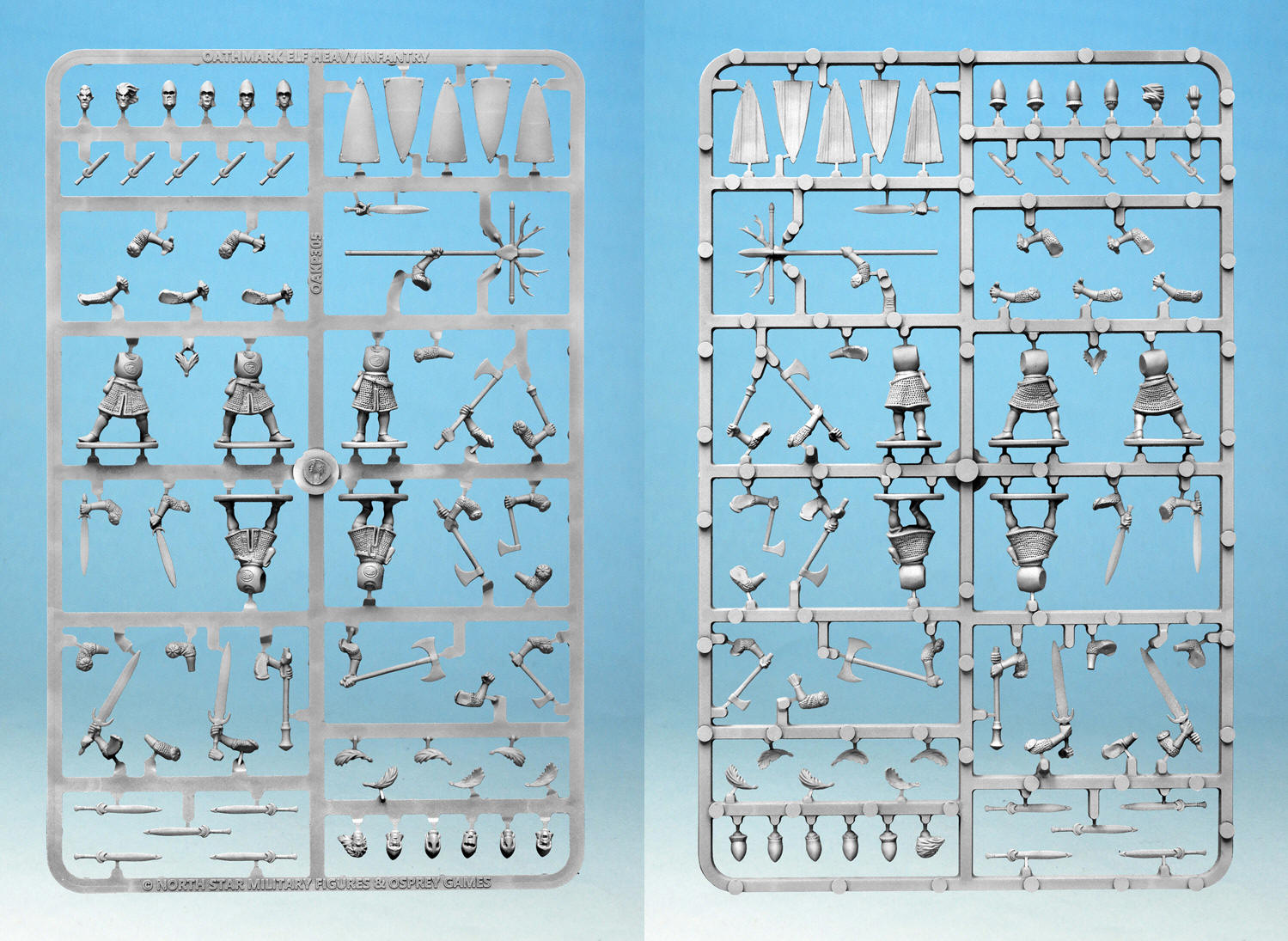 Unassembled hard plastic frames for Oathmark Elf Heavy Infantry showing weapon options, officers, and standard bearers.