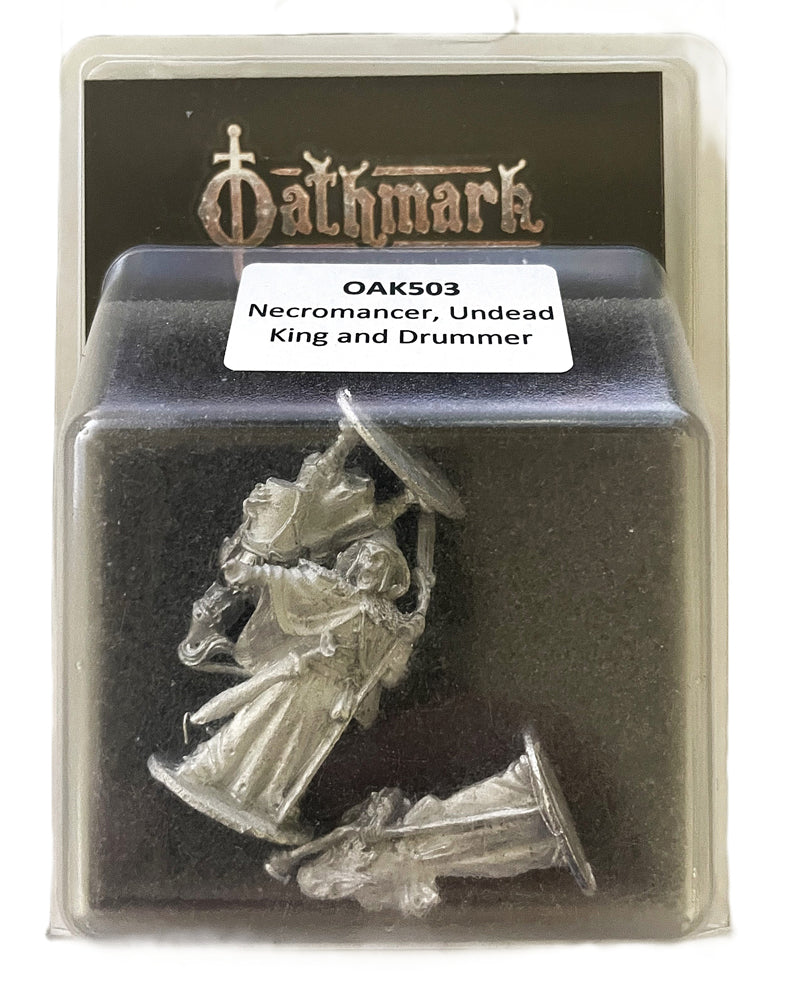 Oathmark Necromancer, Undead King & Drummer, 28 mm Scale Metal Figures Blister Packaging