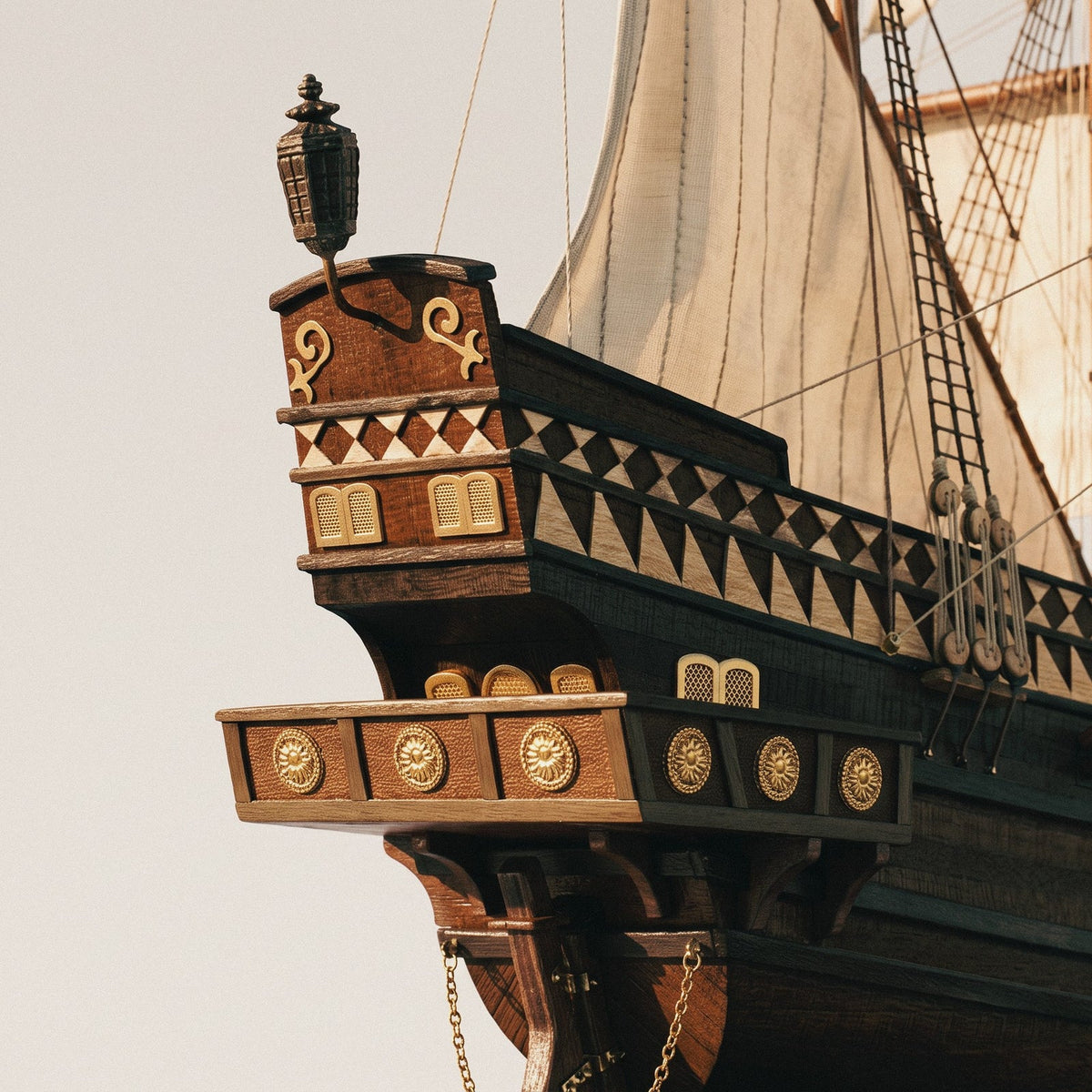 Stern transom detailing and decorative brass carvings on the Occre 1/100 Buccaneer pirate ship wooden model