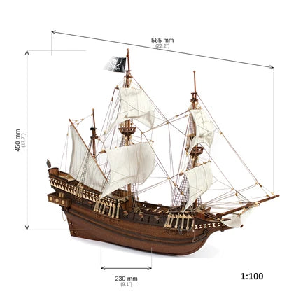 Scale dimensions diagram of the Occre 1/100 Buccaneer pirate ship wooden model showing length height and width