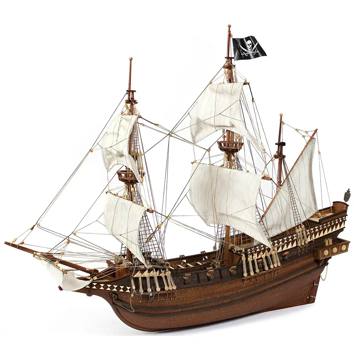 Occre 1/100 scale Buccaneer pirate ship wooden model kit completed build on white background showing masts and rigging