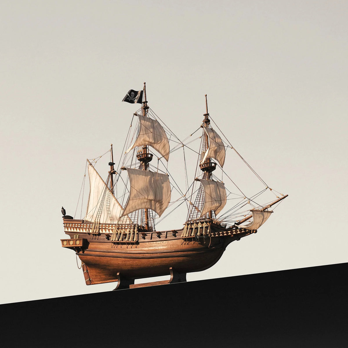 Side profile of the completed Occre 1/100 Buccaneer pirate galleon resting on its wooden display stand