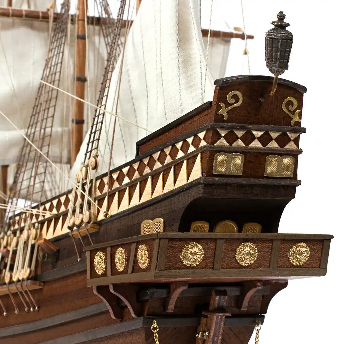 Close up view of the quarter gallery, stern lantern, and timber planking on the Occre Buccaneer model kit