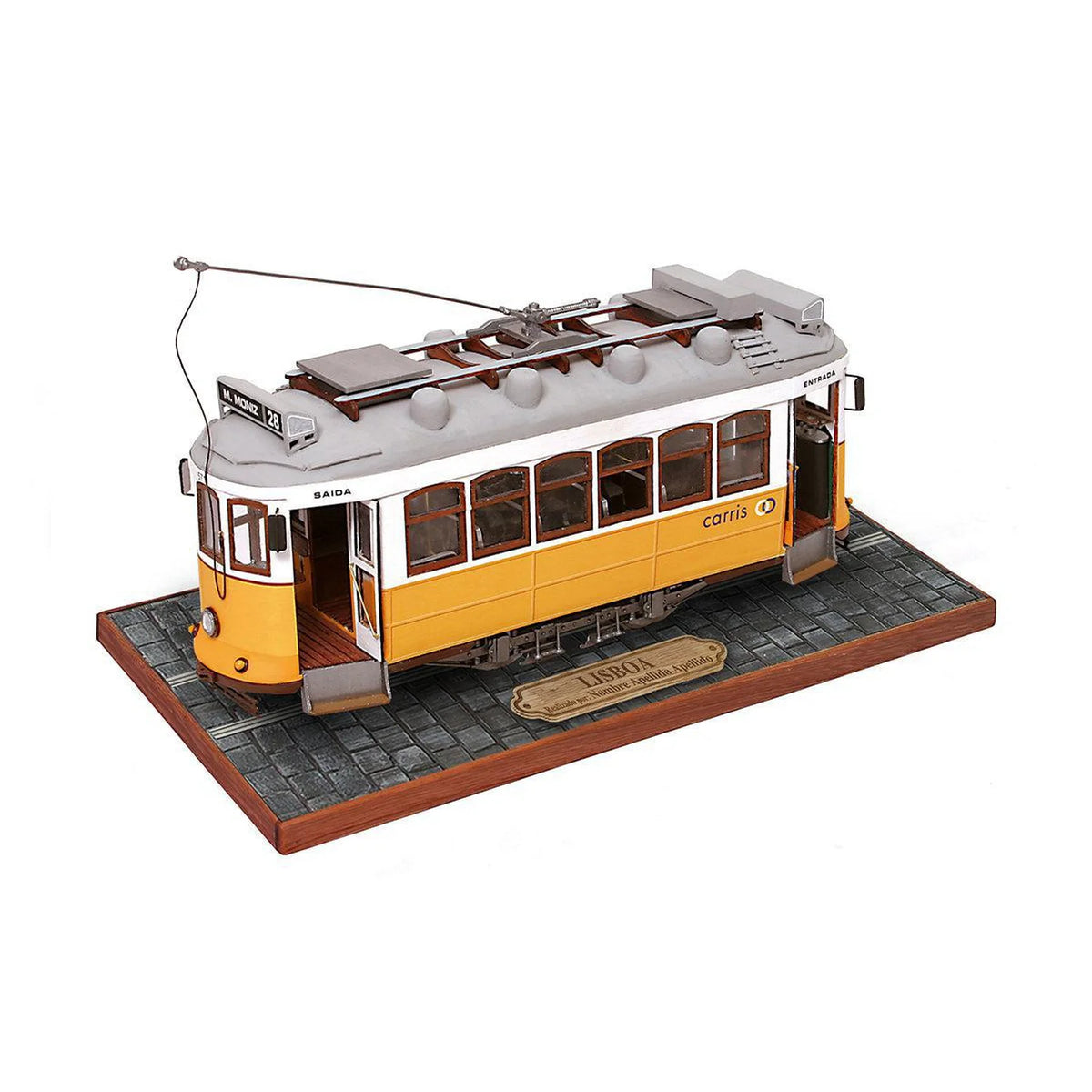 Occre 1/24 Lisboa tram model resting on cobblestone diorama display track base with nameplate 