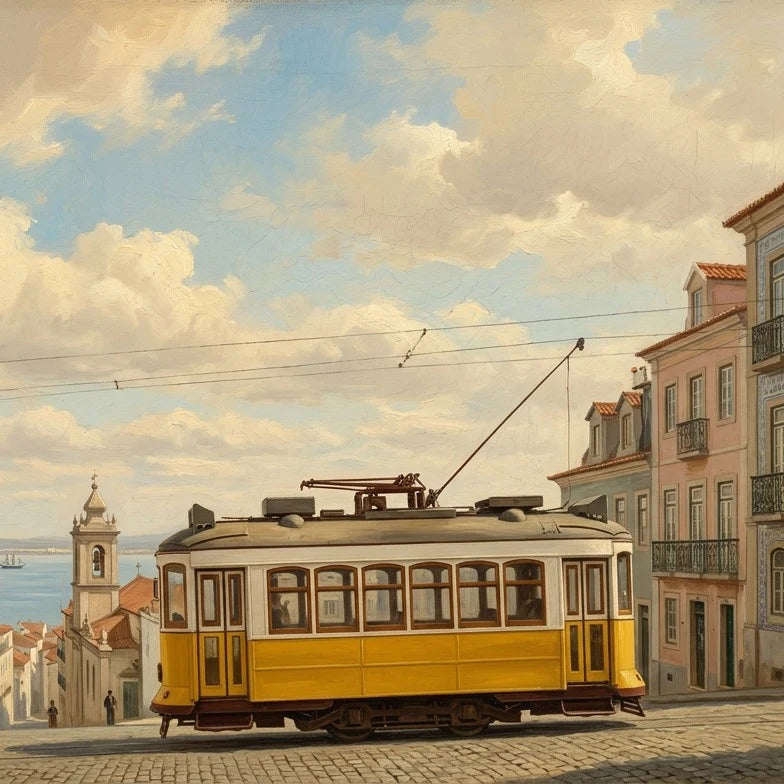 Historic Lisbon street illustration featuring the vintage yellow Carris tram descending steep city slopes 