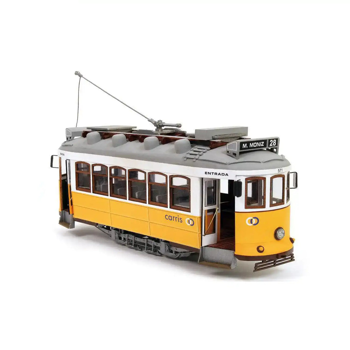 Occre 1/24 scale Lisboa Tram wooden model kit three quarter display profile showing yellow Carris livery 