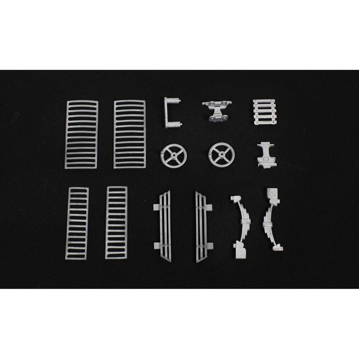 Die-cast zamak metal fittings and Brill truck chassis components included in the Occre Lisboa tram kit 