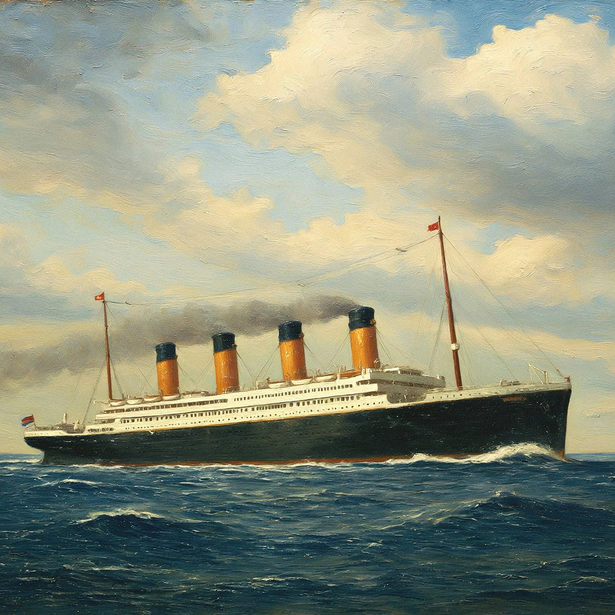 Historical painting of the White Star Line RMS Titanic ocean liner steaming across the North Atlantic 