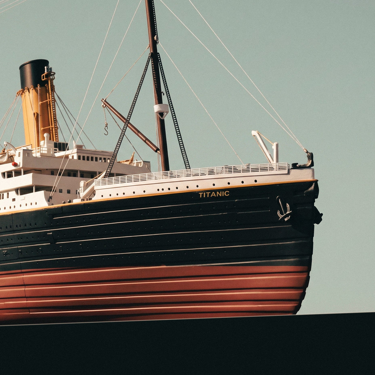 Detailed view of the bow forecastle deck, stockless anchor, and bridge windows on the Occre Titanic 