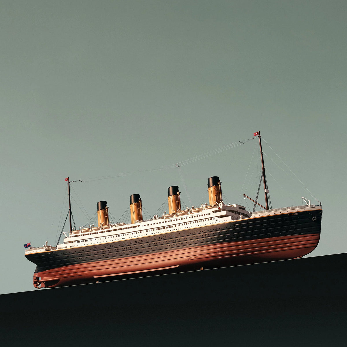 Low angle waterline perspective of the completed Occre 1/300 Titanic wooden model ship 
