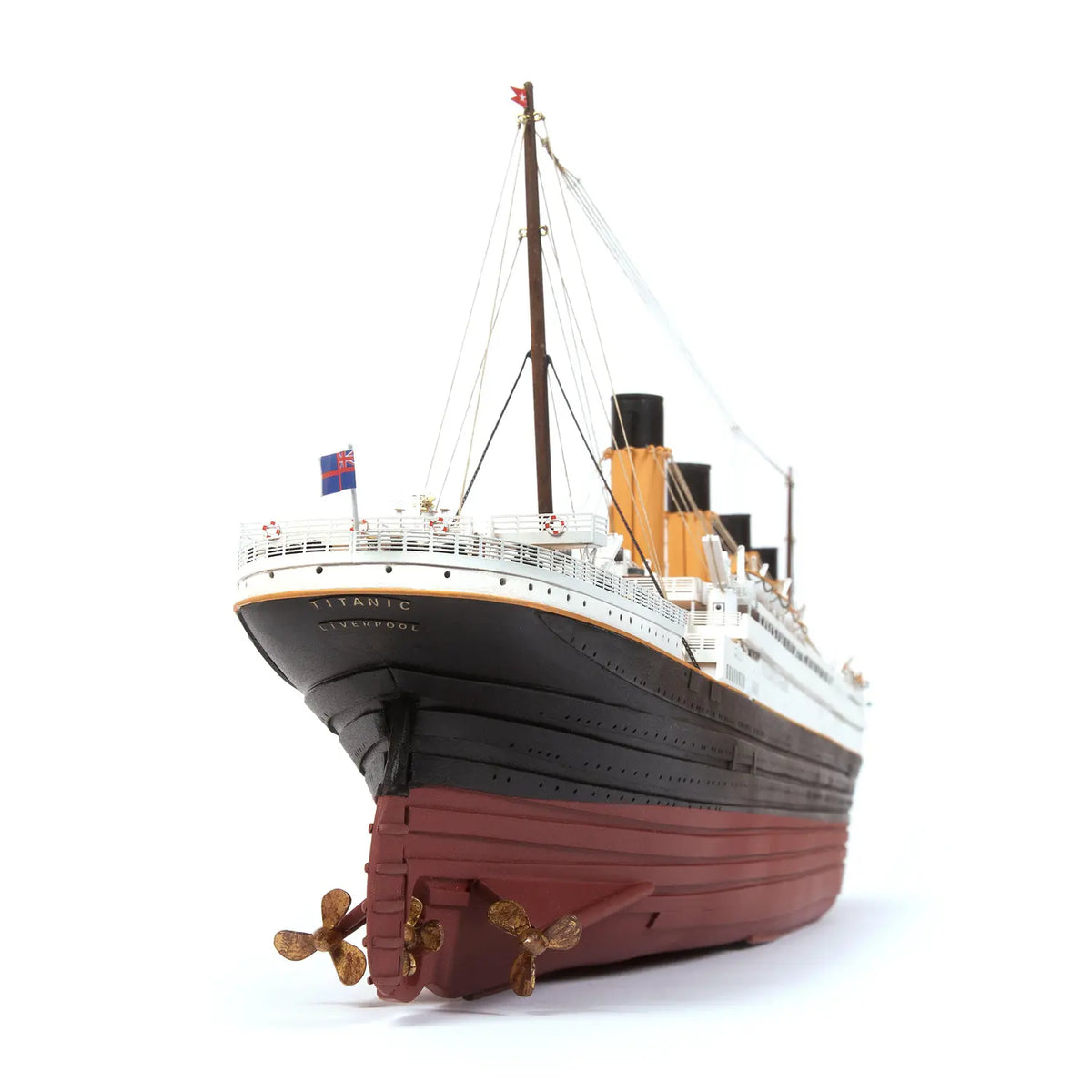 Low angle stern view of the Occre Titanic model showing triple propellers and anti fouling hull paint 