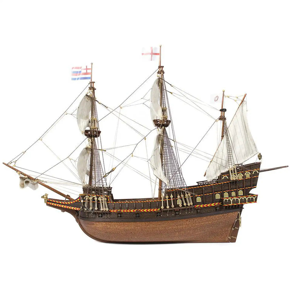Occre 1/85 scale Golden Hind wooden model kit broadside display profile showing rigging and sails 