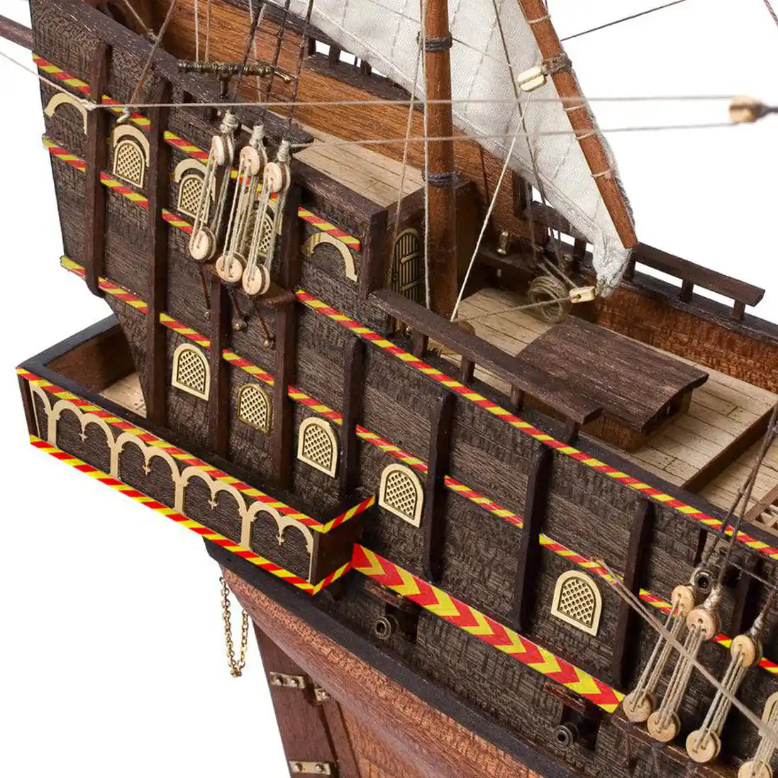 Quarterdeck view showing brass window grates and timber bulwarks on the Occre Golden Hind kit 

