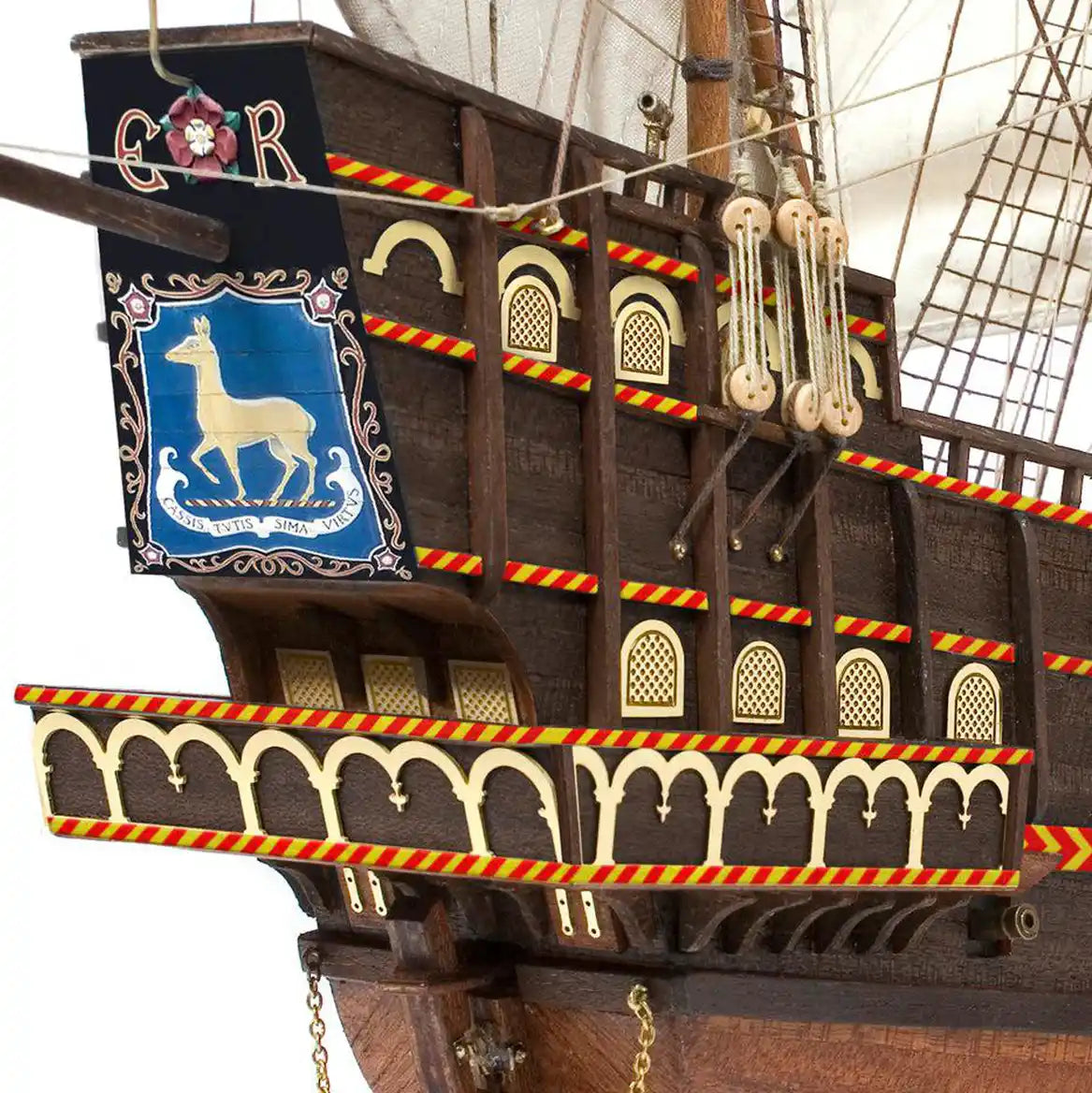 Detailed view of the Elizabethan stern castle gallery and decorative heraldic artwork on the Golden Hind 