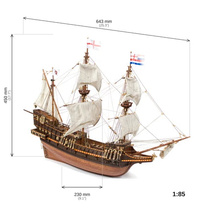 Scale and dimensions diagram of the Occre 1/85 Golden Hind wooden model showing length beam and height 