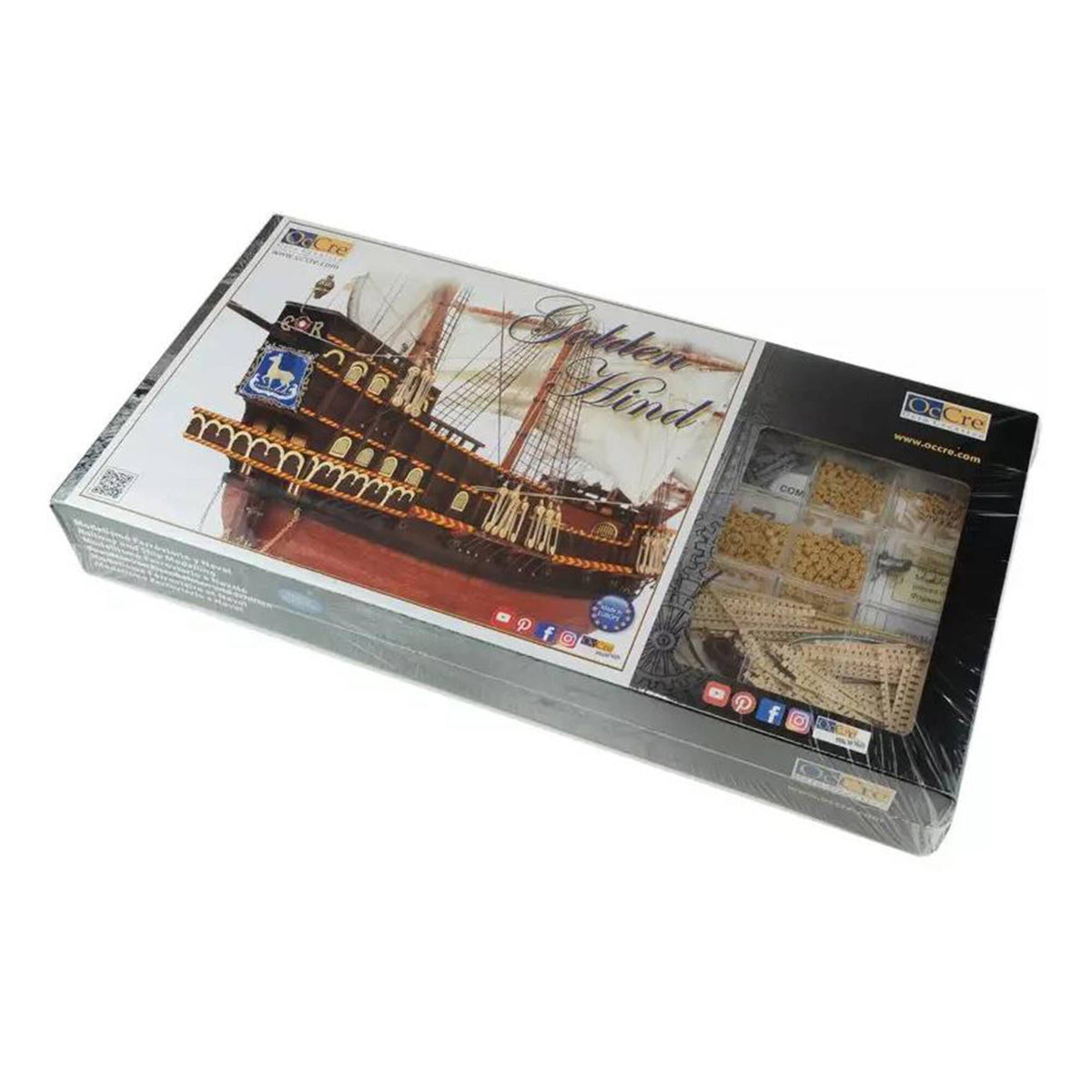 Overhead view of the Occre Golden Hind kit box