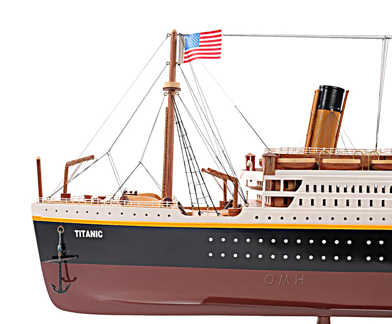 Bow View of Old Modern Handicrafts RMS Titanic wooden model ship showing lifeboats and railings