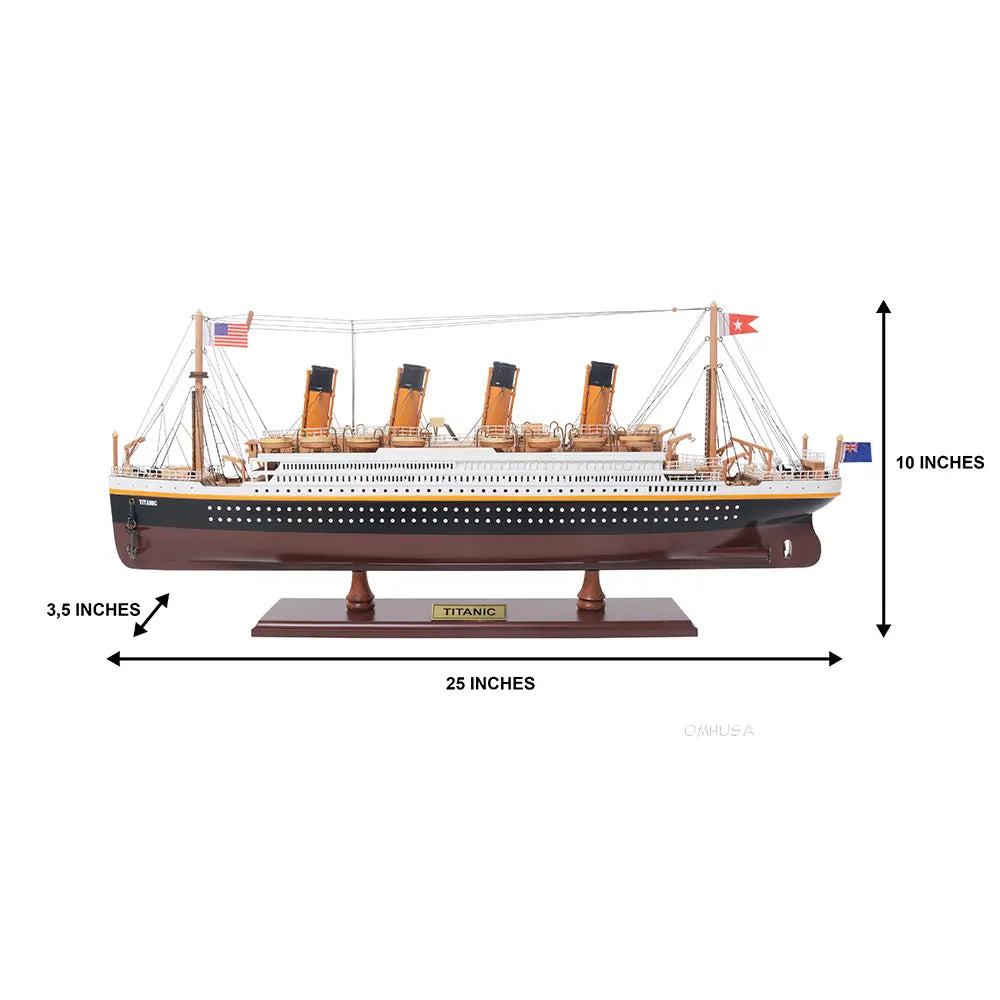 Dimensions profile of Old Modern Handicrafts RMS Titanic handcrafted wooden model ship with lifeboats