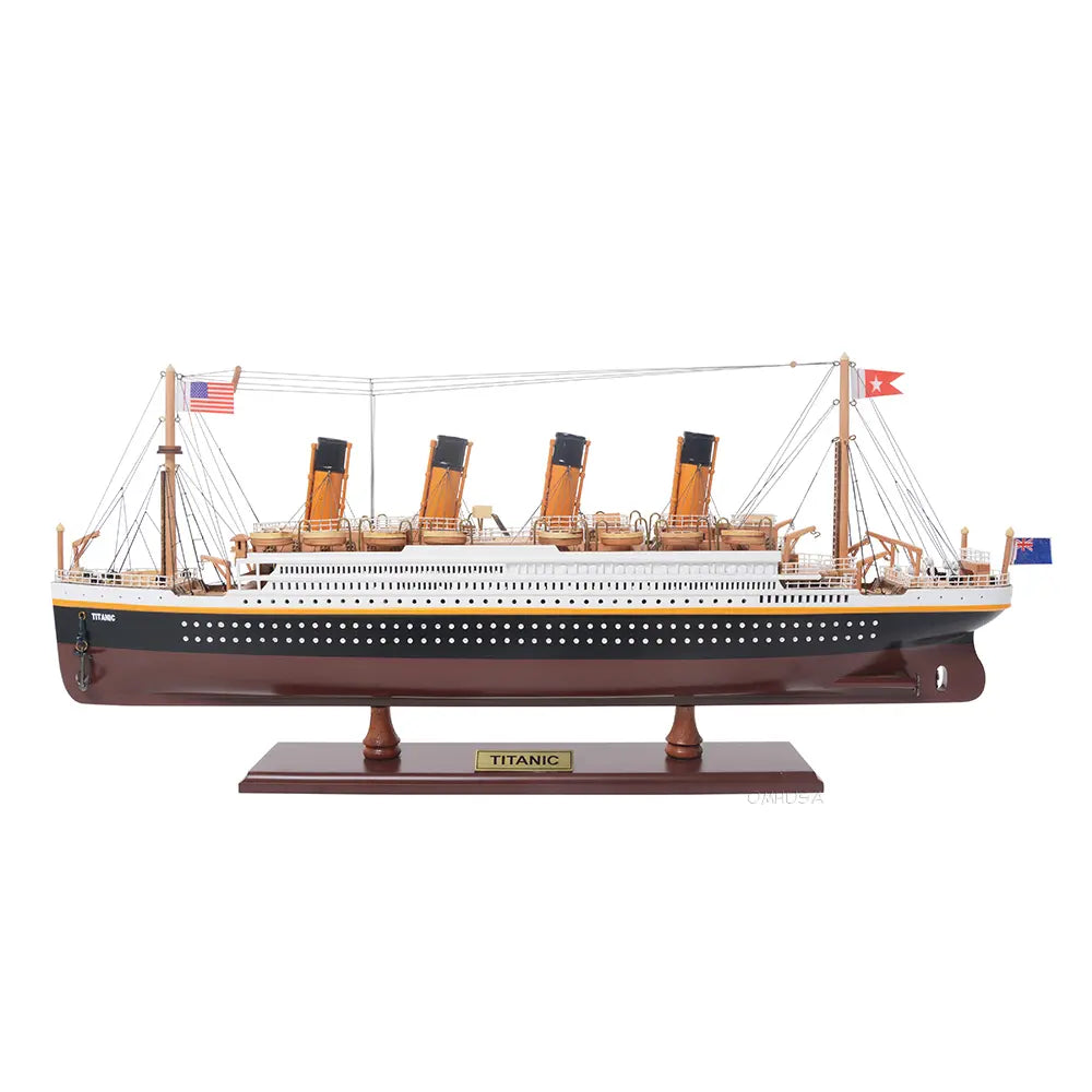 Side profile of Old Modern Handicrafts RMS Titanic handcrafted wooden model ship with lifeboats