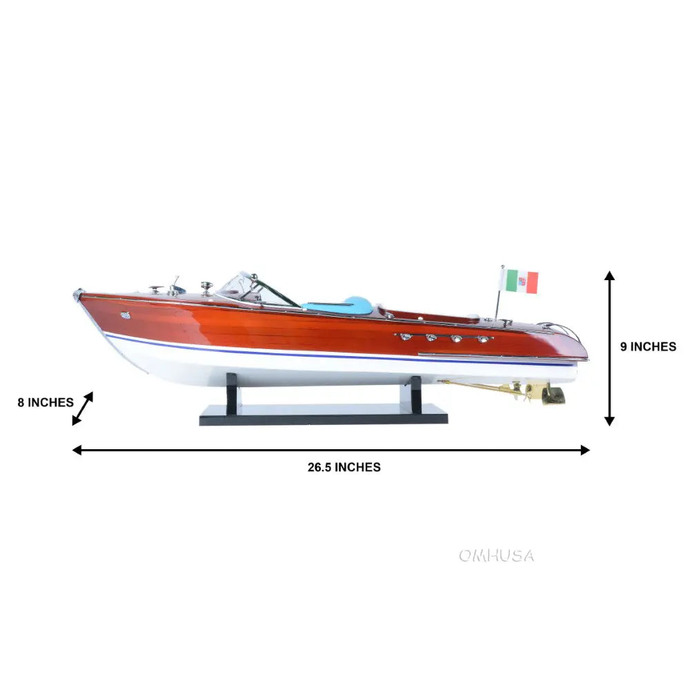 OMH Riva Aquarama handcrafted mahogany speedboat model – side profile dimensions
