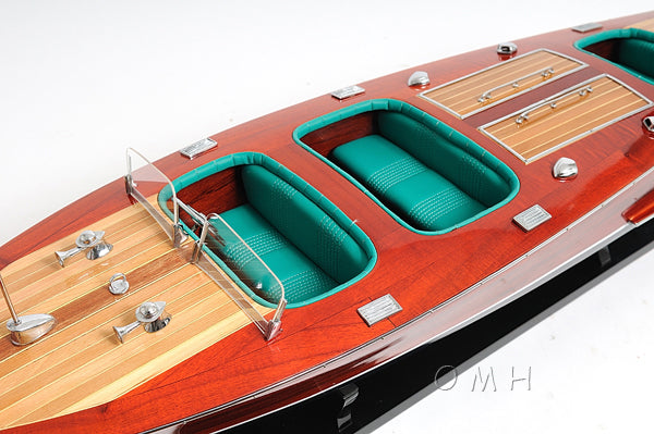 Old Modern Handicrafts Chris Craft wooden speedboat model Helm and Forward Seating Close Up