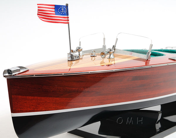 Old Modern Handicrafts Chris Craft wooden speedboat model Port Bow Close Up