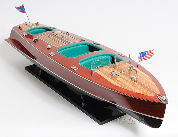 Old Modern Handicrafts Chris Craft Triple Cockpit wooden speedboat model Starboard Bow Top View