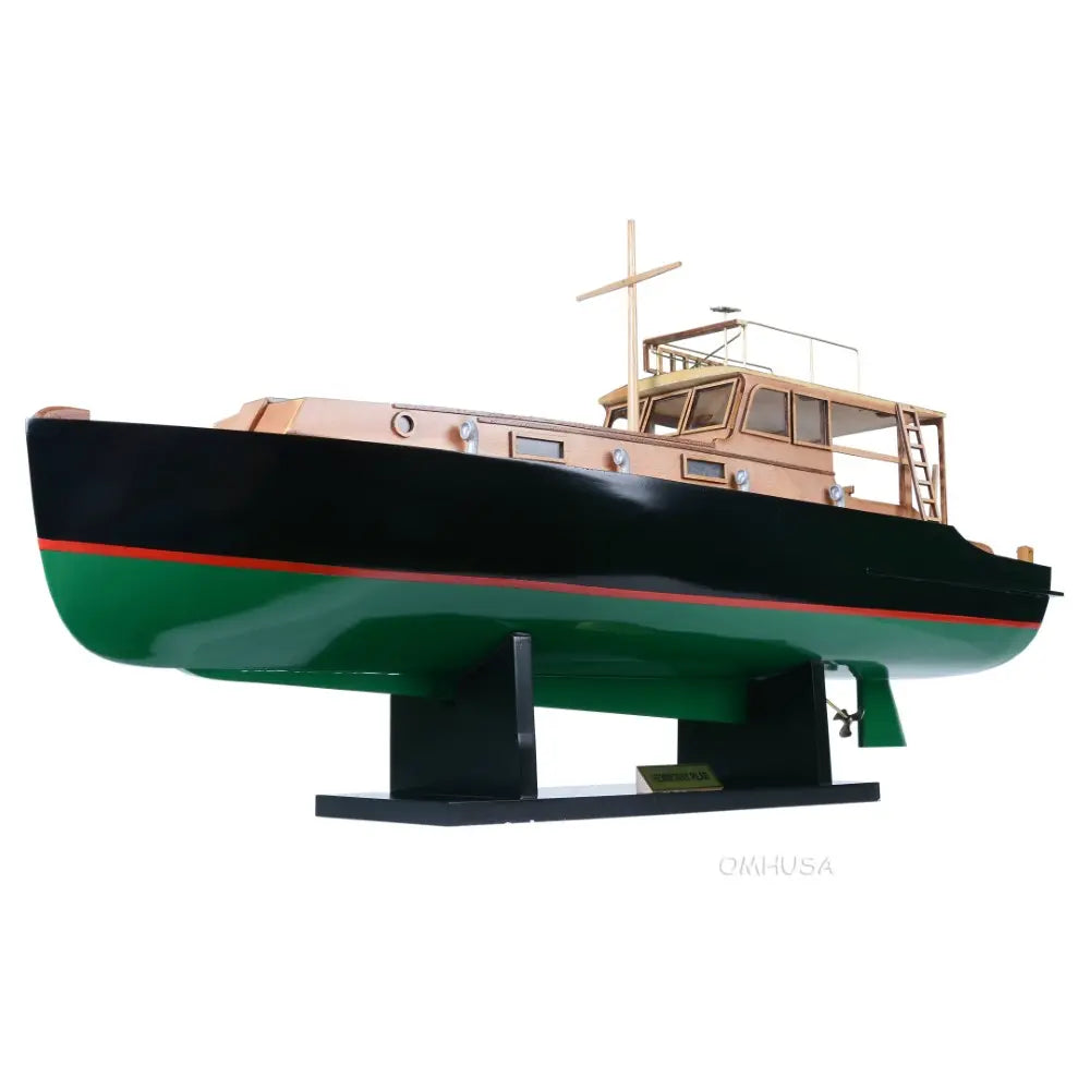 Old Modern Handicrafts Hemingway Pilar handcrafted wooden fishing boat model port side hull and stand view
